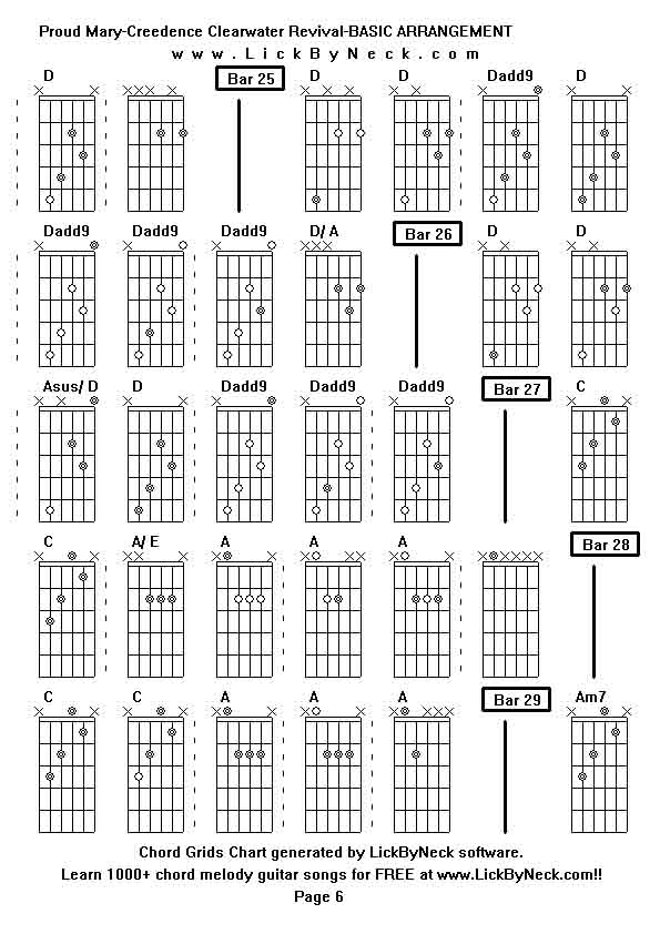 Chord Grids Chart of chord melody fingerstyle guitar song-Proud Mary-Creedence Clearwater Revival-BASIC ARRANGEMENT,generated by LickByNeck software.